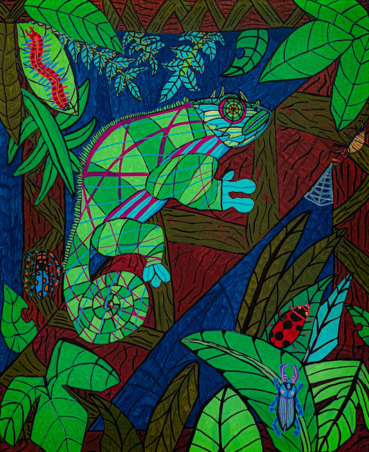 森のカメレオンと虫